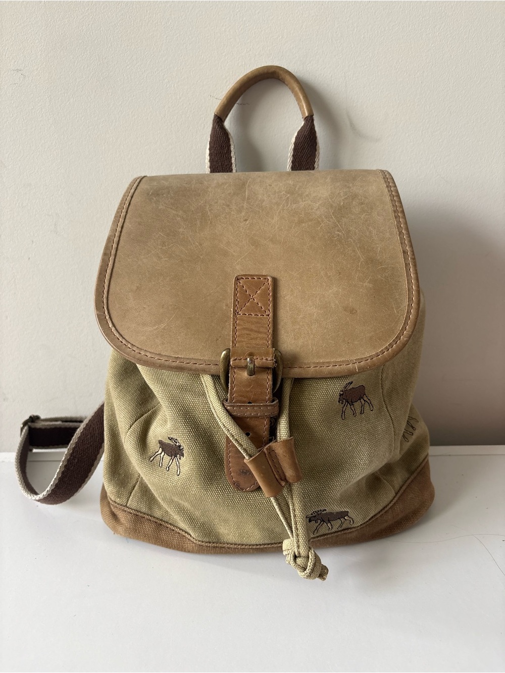 Vintage L.L.Bean Moose Embroidered Canvas Leather Backpack